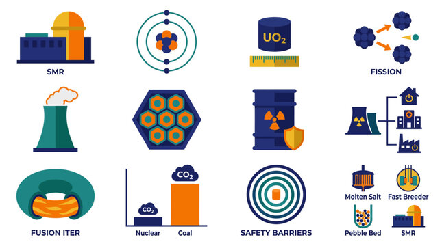 Nuclear energy renaissance collection with small modular reactor SMR fusion technology and clean nuclear power vector set