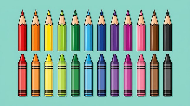Set of vibrant colored pencils and crayons in a row