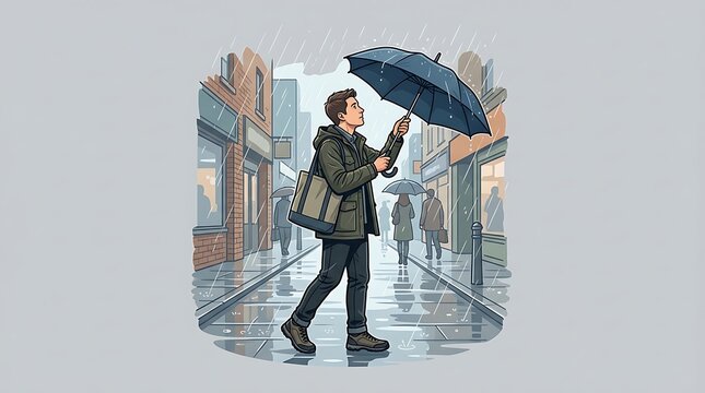Young man using an umbrella while walking on a wet city street