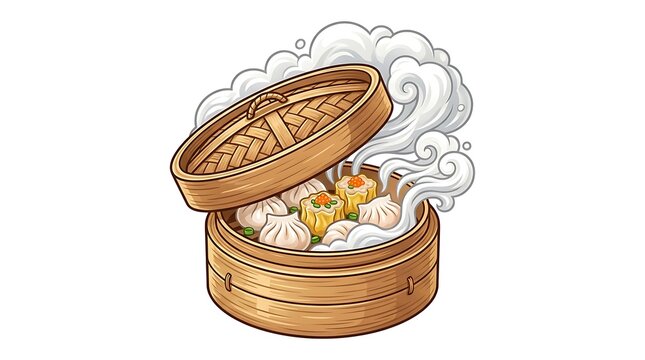 Steaming hot dim sum in a traditional bamboo steamer basket