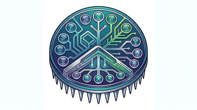 Futuristic biotechnology microchip with genetic and neural patterns