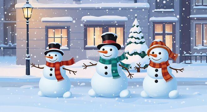 Winter scene with snowman and decorated sleds in snow.