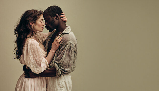 Romantic interracial couple embracing with tenderness, celebrating love, intimacy, diversity, and emotional connection against a minimalist background