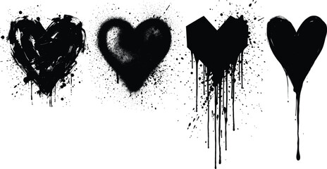 Grunge graffiti heart collection, black spray paint heart shapes with ink drips and splatters, set of 4 urban street art heart icons in EPS format © Angel