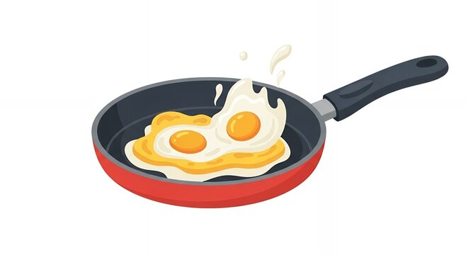 Two Fried Eggs Being Tossed in a Red Non-Stick Frying Pan Skillet Vector Illustration for Breakfast Cooking Concept