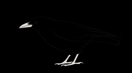 Obraz premium A monochrome illustration of a raven perched, showcasing its sleek feathers and sharp beak against a stark black background, detailed and striking.