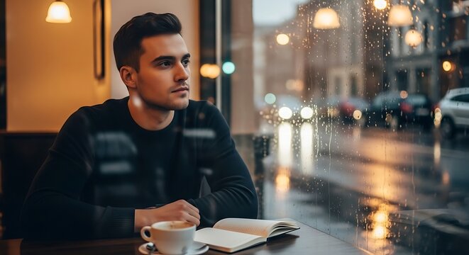 Man in cafe enjoying a cup of coffee outdoors.