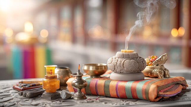 Tibetan New Year Losar Altar with Incense and Traditional Decor Elements