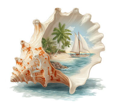 A seashell containing a miniature tropical island scene with palm trees, a beach, and a sailboat; a surreal summer conceptual illustration on a white background.