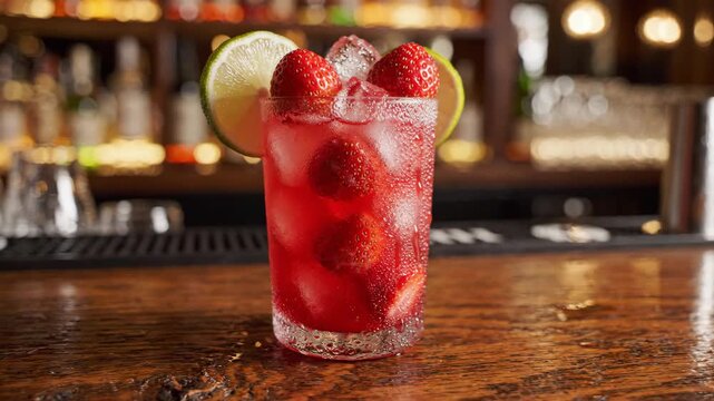 Panoramic view of a vibrant red frozen strawberry daiquiri cocktail garnished with fresh strawberry slices and lime on a summer bar