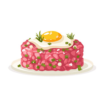 A simple and modern flat 2D vector of a Steak Tartare, isolated on a pure white background.