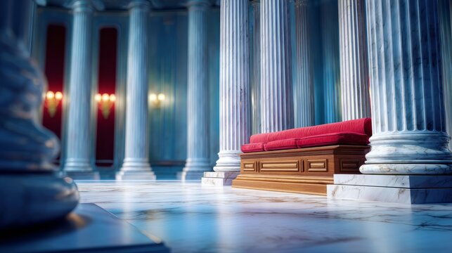 Luxurious classical interior with marble columns and elegant bench seating