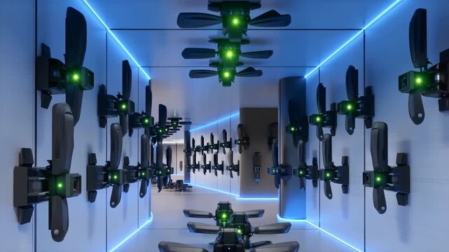 Symmetrical high tech corridor lined with mounted drones, glowing green status lights, blue accent illumination, glossy surfaces, precise rows, and clean industrial design
