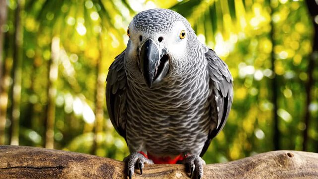 A close up video of an African Grey parrot perched on a branch in the forest.