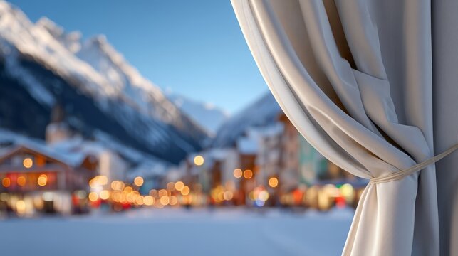 White curtain tied to the side with blurred winter mountain village background