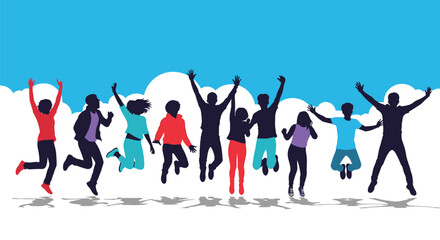 Obraz premium Group of diverse people silhouettes jumping high in the air with excitement against a bright blue sky and white fluffy clouds in summer.