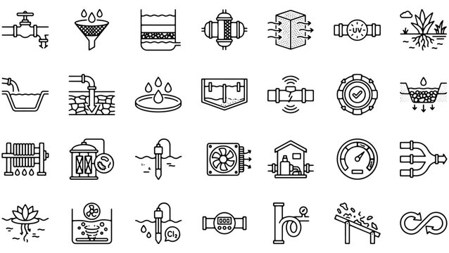 Industrial water treatment and purification system icons ideal for technical manuals.
