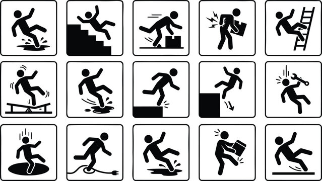 Workplace safety icons set, 15 occupational hazard pictograms, industrial accident warning signs, slip trip and fall prevention symbols in EPS
