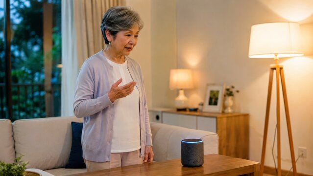 Smart home safty for elders with elder woman using voice control in warm living room