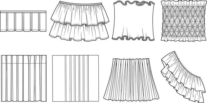 Fashion technical sketch collection of garment details featuring various fabric pleats ruffles gathers smocking and frill textures