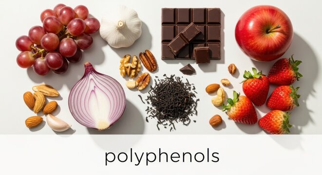 Assorted Polyphenol Rich Foods on White Background.