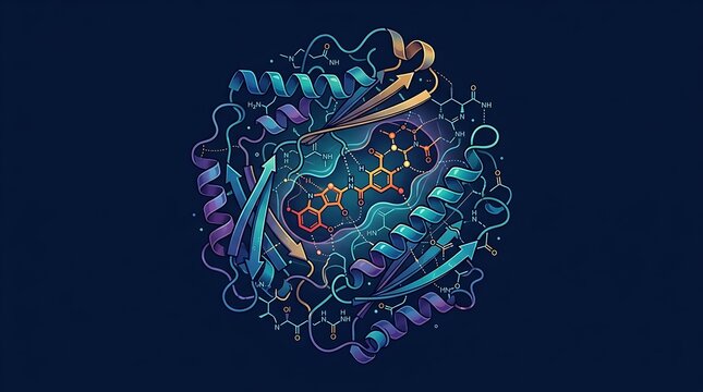 Colorful protein structure model with chemical molecular chains