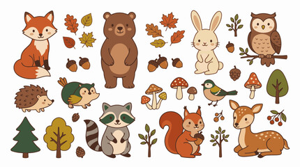 Obraz premium Forest Animals and Autumn Elements Collection - Cute Woodland Wildlife Set