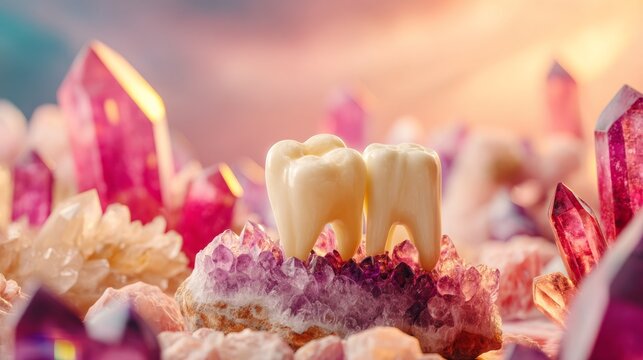 Human Teeth Model Displayed on Pink and Purple Crystals with Soft Light