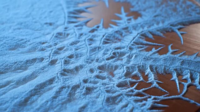 White powder spreading into branching filigree across brown leather surface with close low angle view, revealing intricate organic texture, fine particles, and sharp contrast