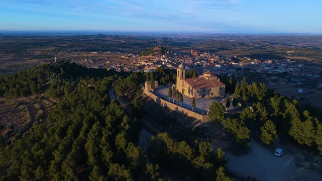 Aerial view from a drone of the landscape in the hermitage of San Cristobal in the town of Calaceite in the Matarra&ntilde;a region. Province of Teruel. Autonomous Community of Aragon. Spain. Europe