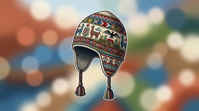 Traditional peruvian chullo hat with llama and eagle patterns