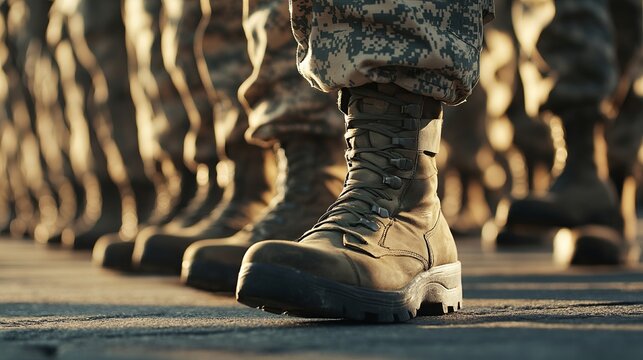 A focused view of military boots lined up in formation, symbolizing strength, discipline, and unwavering dedication to national service.