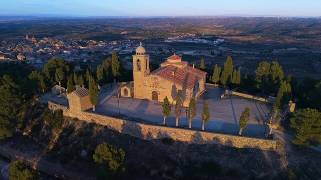 Aerial view from a drone of the landscape in the hermitage of San Cristobal in the town of Calaceite in the Matarra&ntilde;a region. Province of Teruel. Autonomous Community of Aragon. Spain. Europe