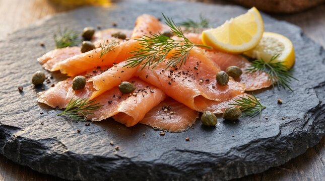 Smoked salmon slices arranged on a dark slate board. Ideal for catering, gourmet food blogs, and luxury restaurant menus