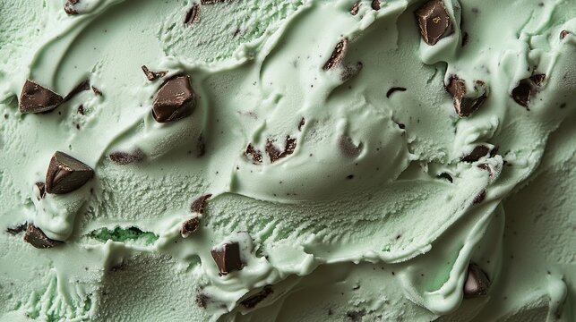 Close-up of refreshing mint chocolate chip ice cream, showcasing rich swirls and decadent dark chocolate chunks for a sweet treat