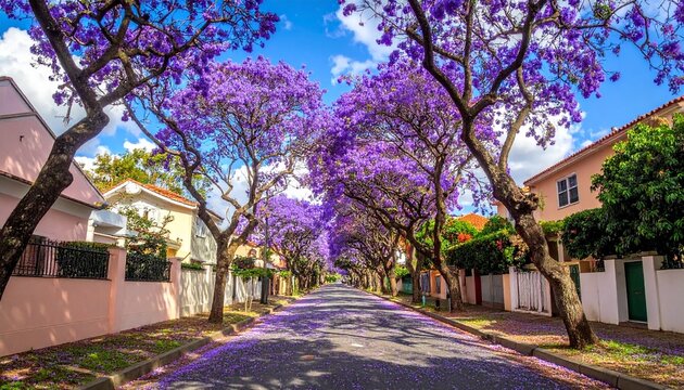 A quiet residential street lined with jacaranda trees in full purple bloom, symbolizing serenity, renewal, and the poetic beauty of nature within city life.