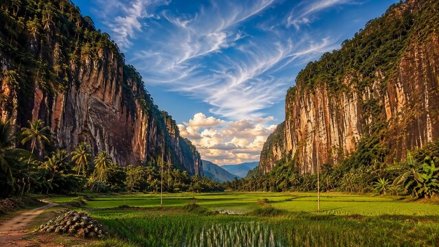 Dramatic limestone canyon valley with rice paddy field, Harau Valley Sumatra Indonesia