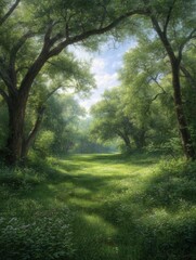 Obraz premium Lush green pathway surrounded by tall trees and vibrant foliage, sunlight filters through branches creating a serene atmosphere perfect for nature lovers and tranquility seekers