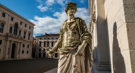 Obraz premium Ancient Roman Statue in Historic Courtyard Setting.
