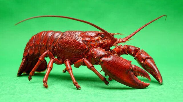 Red lobster walking slowly across a bright green screen background with pincers moving and antennae twitching