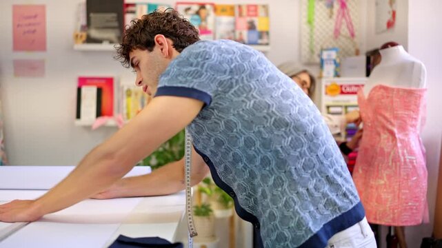 Young tailor drawing a sewing pattern in a workshop