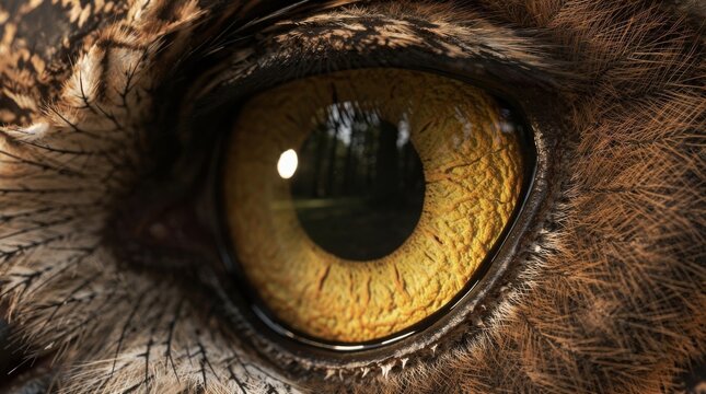 Close-up of a golden owl eye showing detailed texture, feathers, and light reflection.