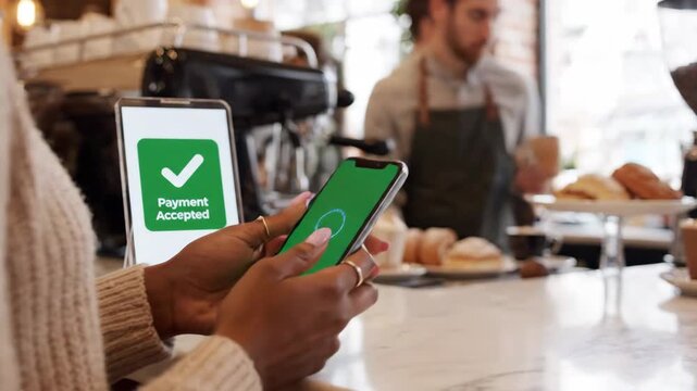 Mobile payment transfer digital wallet money transfer qr code contactless payment cashless transaction cafe counter with woman