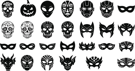 Collection of assorted masquerade and character mask icons for costumes with masquerade halloween character collection silhouette carnival superhero decorative © Kanon