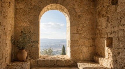 Fototapeta premium A rustic stone archway offers a serene view of distant hills and a tree, with a clay pot holding greenery inside a sunlit, ancient stone structure.