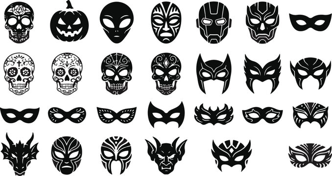 Collection of assorted masquerade and character mask icons for costumes with masquerade halloween character collection silhouette carnival superhero decorative