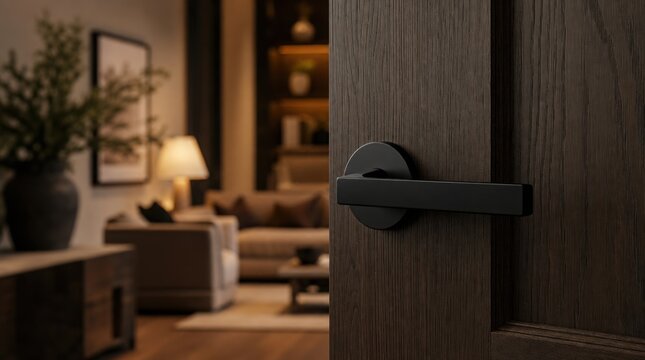 A modern black door handle on a partially open wooden door reveals a warmly lit, cozy living room with a sofa, lamp, and decorative elements.