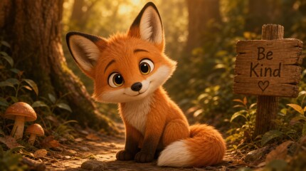 Fototapeta premium A cute animated fox sits on a forest path beside a wooden sign that says 