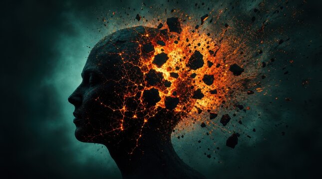 Silhouette of a human head with fiery, explosive fragments breaking apart from the back, symbolizing mental or emotional breakdown.