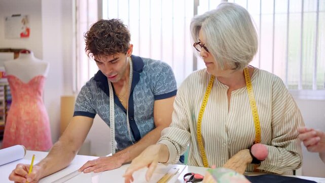Senior fashion designer teaching young apprentice pattern making